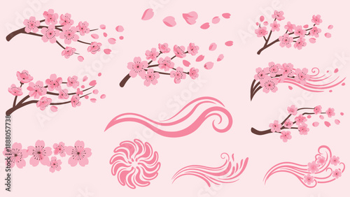 Cherry Blossom Branches and Petals Collection - Pink Floral Elements