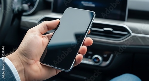 Hand holding smartphone in car interior