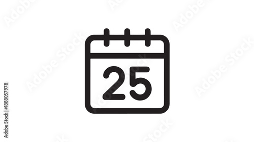 Calendar Icon with Date 25 in Simple Flat Design on White Background for App Interface