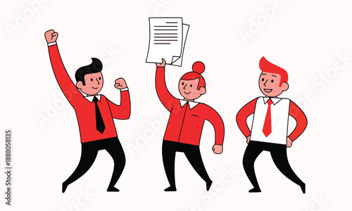 cartoon businesspeople celebrating success with raised arms and documents in office attire