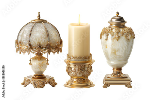 Elegant Vintage Home Decor Set with Ornate Lamp Candle Holder and Decorative Urn.