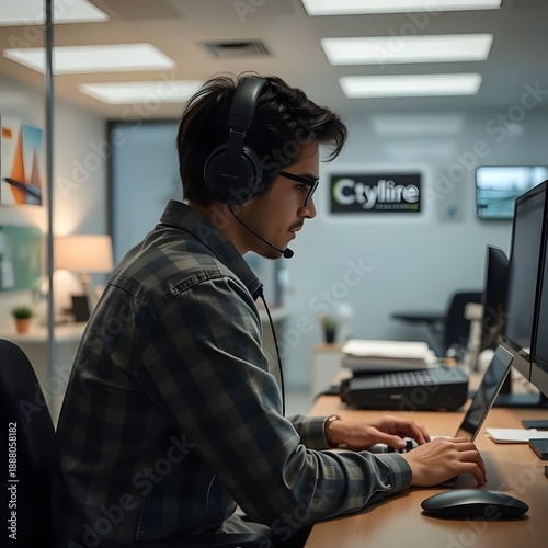 A person sitting at a computer desk with headphones on, working on a laptop in an office environment.