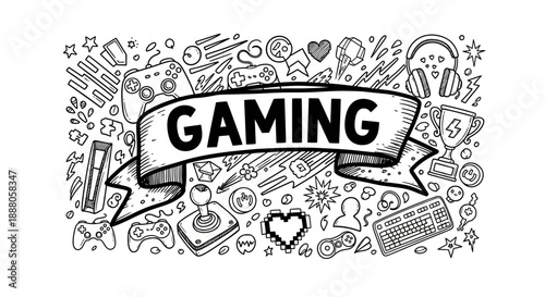 Doodle Vector illustration of a gaming banner surrounded by various gaming elements and symbols in a lively composition
