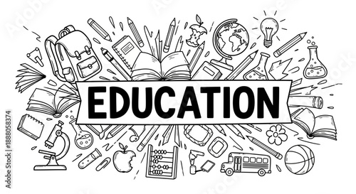 A Doodle Vector illustration of Education theme with various school supplies and objects surrounding the word EDUCATION in a busy layout