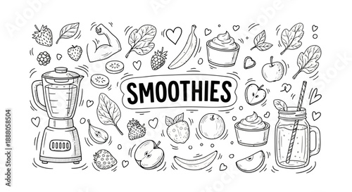 Doodle Vector illustration of blender and fruits surrounding smoothies title in a lively kitchen scene