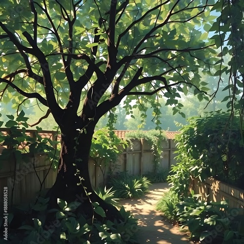 An artistic, abstract impressionistic painting of an overgrown, shaded garden with a tranquil ambiance, featuring a tree and vines with soft lighting.