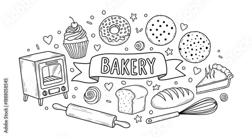 Assorted baked goods and bakery doodle vector illustration on a festive background