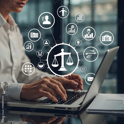 A professional working on a laptop with various icons floating around, symbolizing business or legal themes.