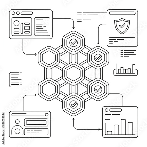 Line art illustration of a decentralized blockchain network with interconnected hexagons and data flow