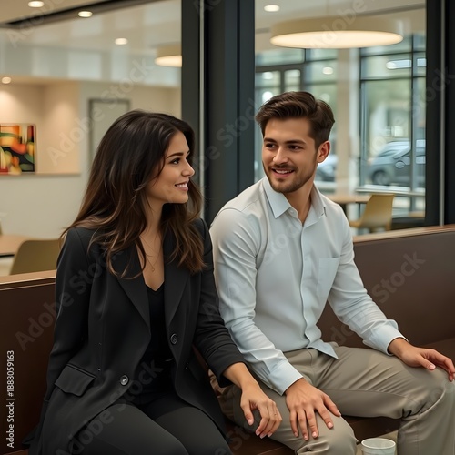 Woman and man engaged in conversation, smiling and relaxed, business casual attire, sitting on modern indoor bench, coffee cup nearby