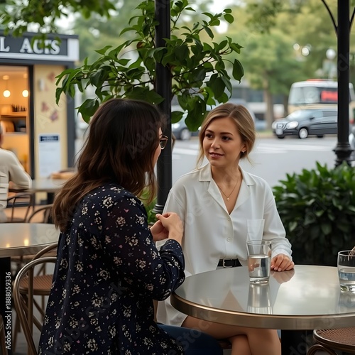 Two women having a conversation at an outdoor cafe