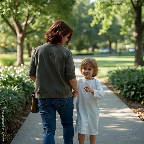 A woman and child walking together in a park, enjoying quality time.
