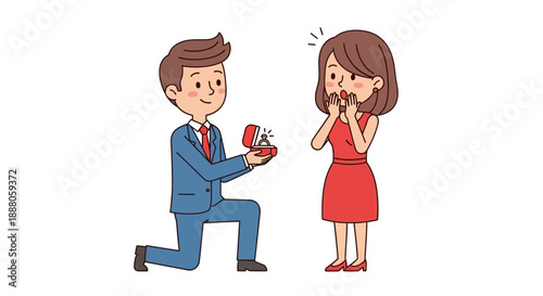 Cartoon Illustration of a Man Proposing with an Engagement Ring to a Surprised Woman
