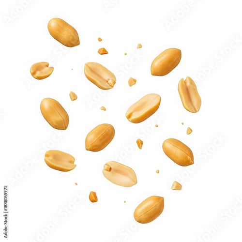 Scattered roasted peanuts with broken pieces, presented individually against a clean white background