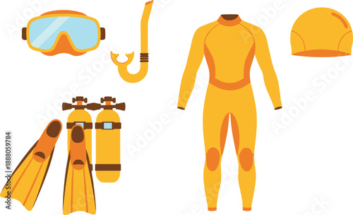 Set of scuba diving equipment vector illustration, wetsuit mask snorkel fins and oxygen tank collection for underwater sport design