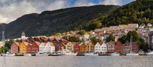 view of the Bryggen district on the waterfront in downtown Bergen