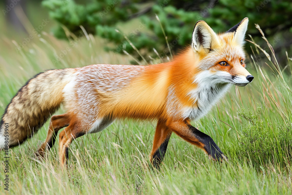 Fototapeta premium Generative AI image of curious wild red fox peeking from behind tree trunk in green summer forest with soft natural lighting