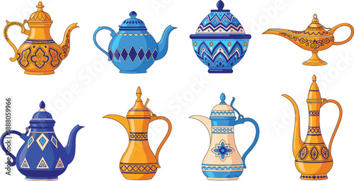 Set of traditional Arabic teapots and lantern genie lamp vector illustration, oriental culture drinkware collection for design