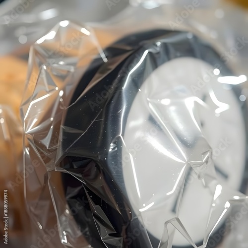 A close-up photograph of a transparent plastic wrap covering an item, with the focus on the texture and light reflection on the surface.