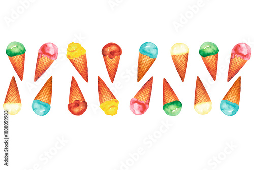 Horizontal row pattern of colorful ice cream cones. A vibrant hand-drawn watercolor illustration. Ice cream parlor banner, individual elements isolated on a white background.