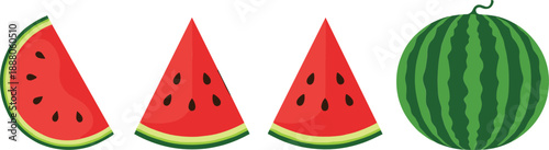 Set of watermelon slices and whole fruit vector illustration, fresh summer juicy food collection for healthy design