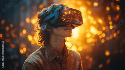 Man using virtual reality goggles and pointing on some virtual button on grey background