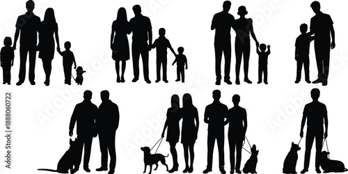 Family and pet silhouette illustration, black figures walking dogs, holding hands, diverse poses, white background, companionship and care theme