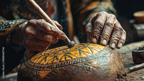 Artisan Craftsman Engraving Intricate Patterns on Wooden Surface