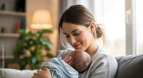 young mother lovingly cradling her newborn wrapped in a light-blue blanket on a gray sofa — ideal for maternal health, newborn care, nursery décor, or family lifestyle content.

