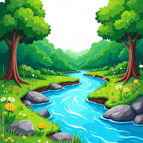Photos Stylized forest river landscape with flowing water, trees and rocks