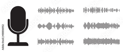 Audio Waveforms and Recording Icon on transparent background.Podcast sound waves,frequency or voice microphone signals. Music, podcast and broadcast, UI and audio branding design. Isolated vector set.