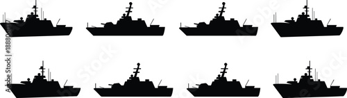 Naval ship silhouettes illustration, black profiles, radar and weapon details, military vessel shapes, white background, pattern comparison graphic