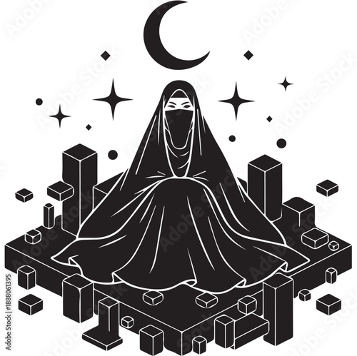Muslim woman in niqab silhouette with crescent moon and stars in a geometric landscape.