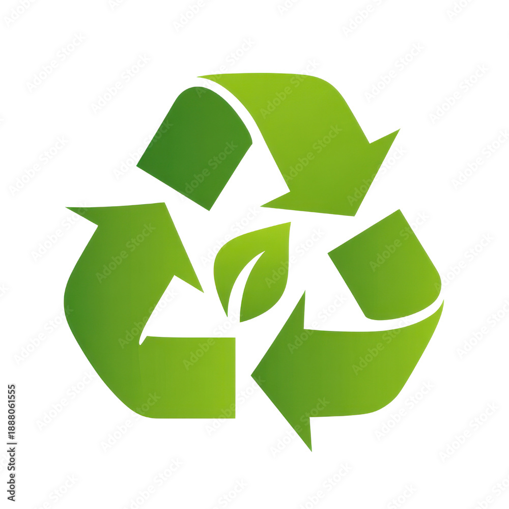 Fototapeta premium Green recycling symbol with a leaf in the center on black recycle logo