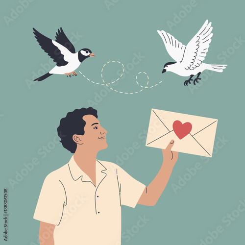 A smiling man holding a love letter with heart and doves flying above