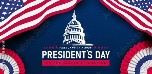 President’s Day background with American flag and White House on dark blue backdrop. Patriotic vector design for cards, banners, posters, social media, flyers and USA holiday celebrations.