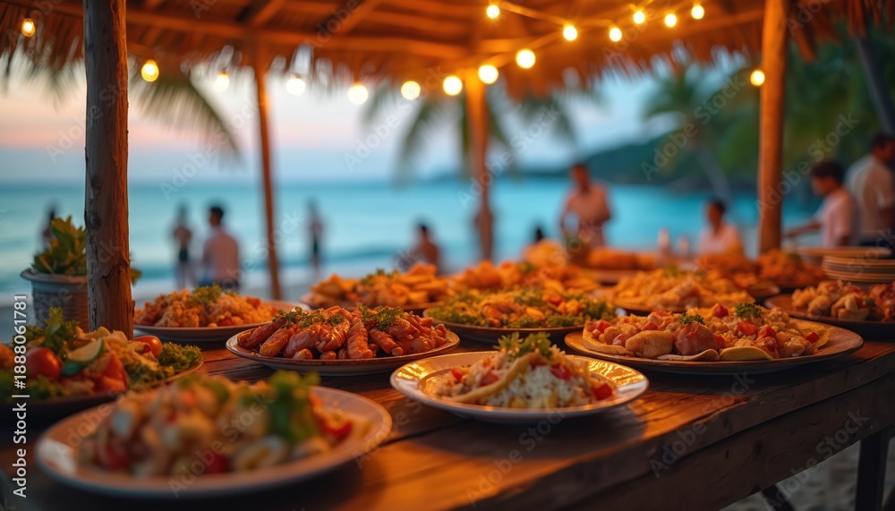 Fototapeta premium Outdoor beach cafe serves Caribbean food on table near ocean waves. Festive lights hang above palm trees. People dine at seaside restaurant, enjoy vacation buffet dinner party.