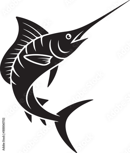 Black and white illustration of a swordfish leaping upward