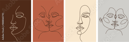 abstract line art face set, minimalist portrait illustration, modern boho wall art, continuous line drawing, neutral color posters