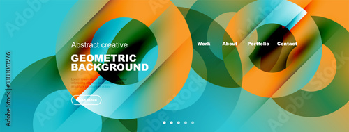 Abstract geometric background design. Vibrant colors, flowing shapes, website header elements present. Modern aesthetic, clean layout.