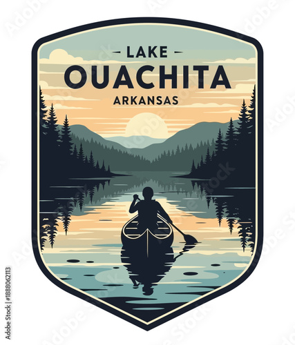 Lake Ouachita Arkansas badge with canoeist silhouette at sunset and pine forest reflection on calm water scene. Vintage vector emblem badge patch, retro design, transparent background