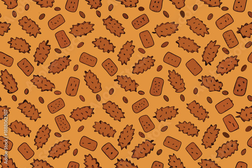 A pattern of brown cookies and brown chips. The pattern is made up of many different shapes and sizes of cookies and chips