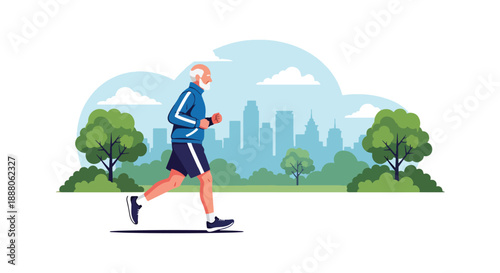 Independent elderly man jogging in a city park, illustrated in modern flat vector style, representing healthy aging, active lifestyle, outdoor fitness, and confident senior mobility