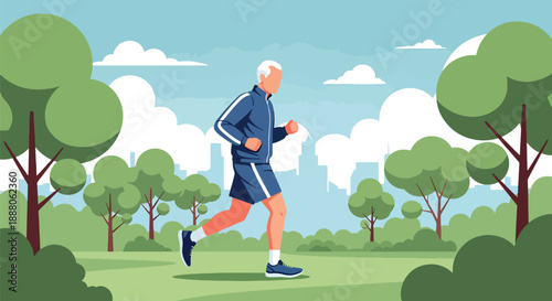 Independent elderly man jogging in a city park, illustrated in modern flat vector style, representing healthy aging, active lifestyle, outdoor fitness, and confident senior mobility