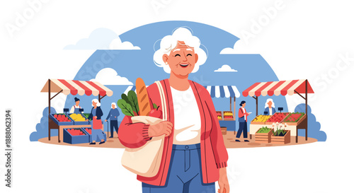 Elderly woman shopping confidently at a local market in modern flat vector style, showing independent daily routine, active aging, urban lifestyle, and consumer mobility