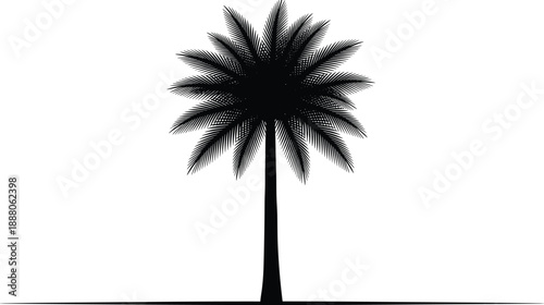 Black silhouette of tropical palm tree with detailed fronds and grounded base in minimal vector style for nature, travel, and design themes.