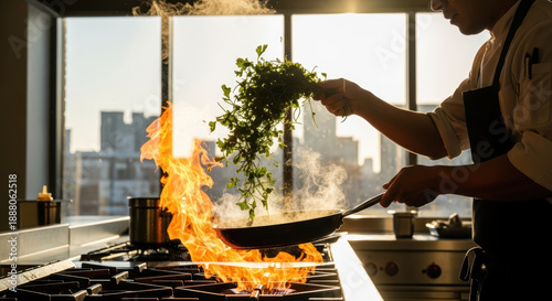Chef Stirring Green Herbs in Frying Pan Over Flame