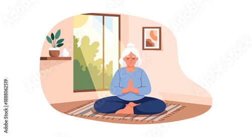 Elderly woman practicing yoga at home in flat vector style, showing balance, wellness, independent living, and calm active aging lifestyle