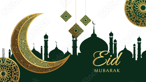 eid mubarak islamic crescent moon mosque silhouette ramadan festival golden ornament arabic celebration design\