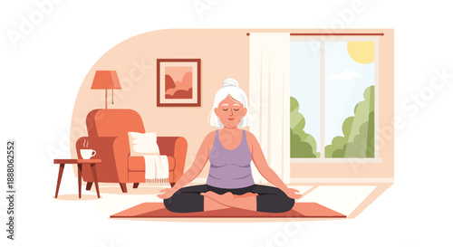 Elderly woman practicing yoga at home in flat vector style, showing balance, wellness, independent living, and calm active aging lifestyle